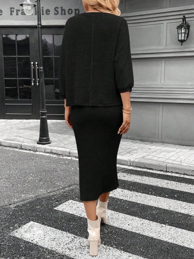 SHEIN LUNE 2pcs Women Casual Striped Round Neck 3/4 Sleeve Top And Pencil Midi Skirt Set, Suitable For Autumn/Winter Brown Two Piece Set Women Striped Two Piece Set - Image 3