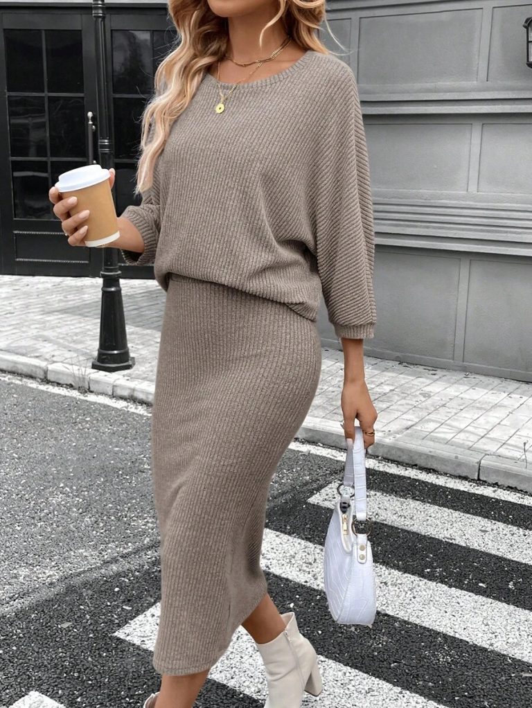 SHEIN LUNE 2pcs Women Casual Striped Round Neck 3/4 Sleeve Top And Pencil Midi Skirt Set, Suitable For Autumn/Winter Brown Two Piece Set Women Striped Two Piece Set - Image 8