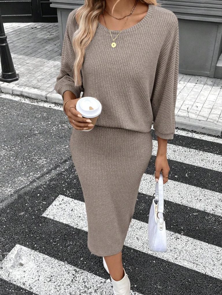 SHEIN LUNE 2pcs Women Casual Striped Round Neck 3/4 Sleeve Top And Pencil Midi Skirt Set, Suitable For Autumn/Winter Brown Two Piece Set Women Striped Two Piece Set - Image 10