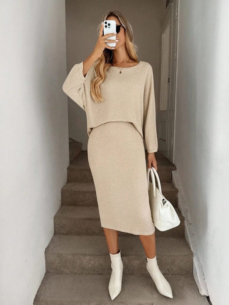 SHEIN LUNE 2pcs Women Casual Striped Round Neck 3/4 Sleeve Top And Pencil Midi Skirt Set, Suitable For Autumn/Winter Brown Two Piece Set Women Striped Two Piece Set - Image 14