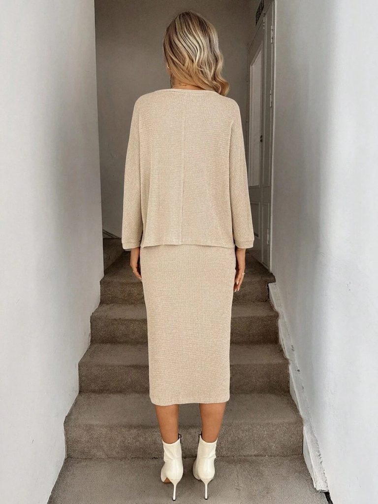 SHEIN LUNE 2pcs Women Casual Striped Round Neck 3/4 Sleeve Top And Pencil Midi Skirt Set, Suitable For Autumn/Winter Brown Two Piece Set Women Striped Two Piece Set - Image 15