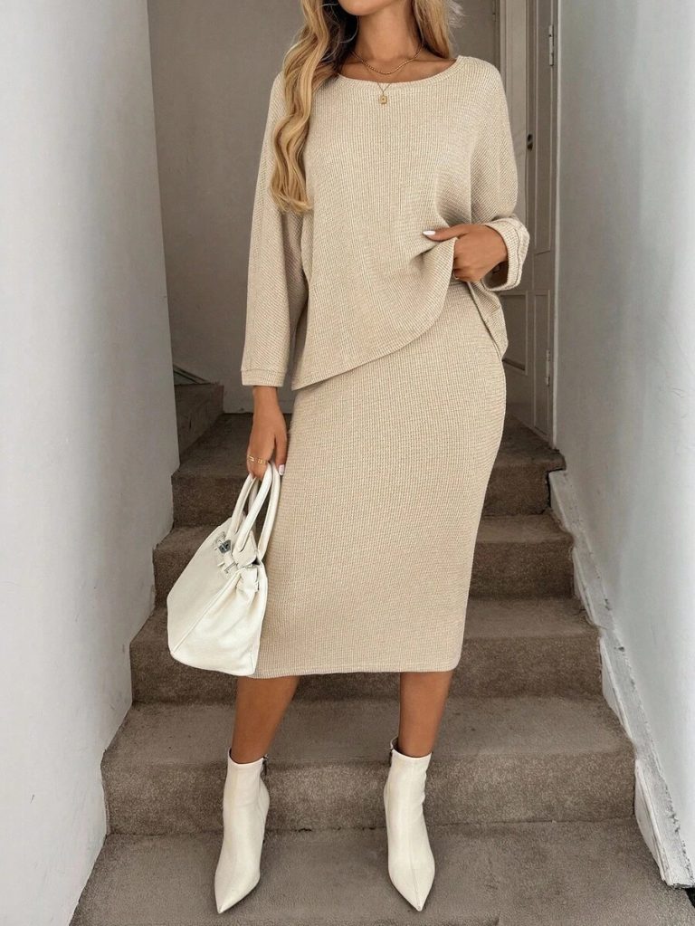 SHEIN LUNE 2pcs Women Casual Striped Round Neck 3/4 Sleeve Top And Pencil Midi Skirt Set, Suitable For Autumn/Winter Brown Two Piece Set Women Striped Two Piece Set - Image 16