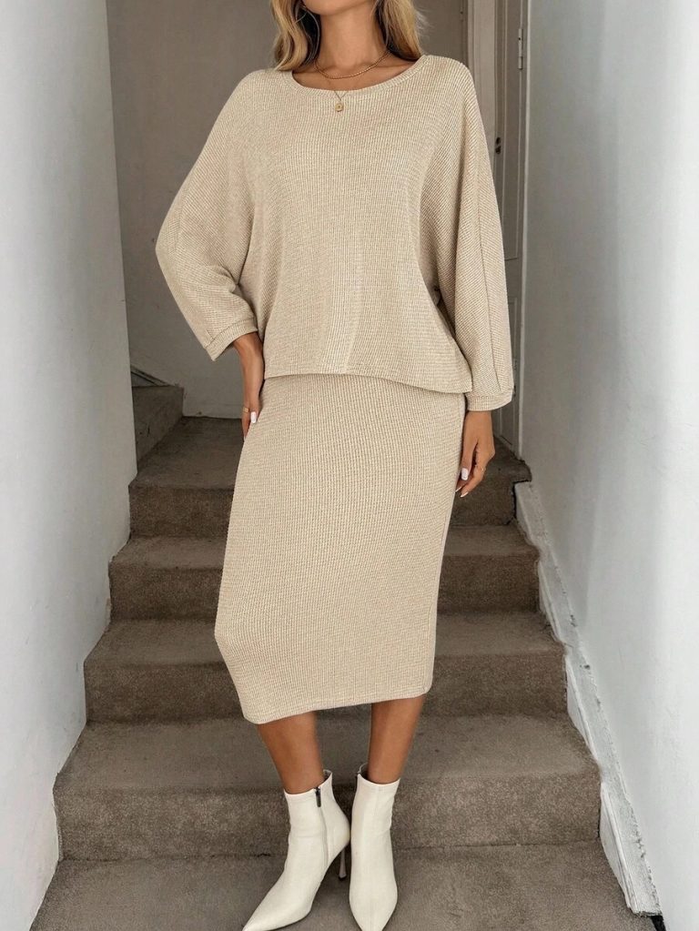 SHEIN LUNE 2pcs Women Casual Striped Round Neck 3/4 Sleeve Top And Pencil Midi Skirt Set, Suitable For Autumn/Winter Brown Two Piece Set Women Striped Two Piece Set - Image 19