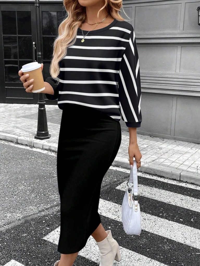 SHEIN LUNE 2pcs Women Casual Striped Round Neck 3/4 Sleeve Top And Pencil Midi Skirt Set, Suitable For Autumn/Winter Brown Two Piece Set Women Striped Two Piece Set - Image 21