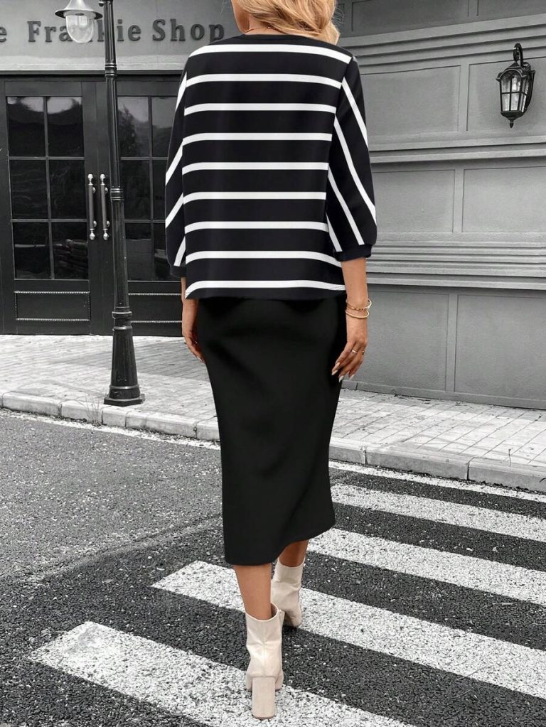 SHEIN LUNE 2pcs Women Casual Striped Round Neck 3/4 Sleeve Top And Pencil Midi Skirt Set, Suitable For Autumn/Winter Brown Two Piece Set Women Striped Two Piece Set - Image 22