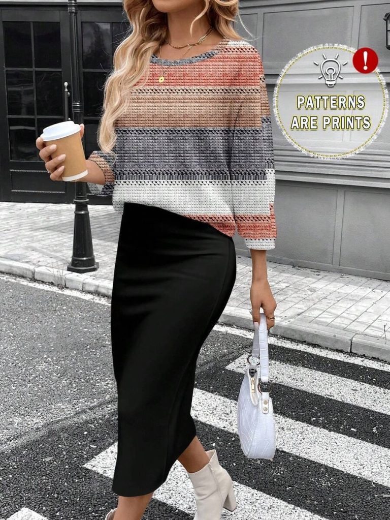SHEIN LUNE 2pcs Women Casual Striped Round Neck 3/4 Sleeve Top And Pencil Midi Skirt Set, Suitable For Autumn/Winter Brown Two Piece Set Women Striped Two Piece Set - Image 27