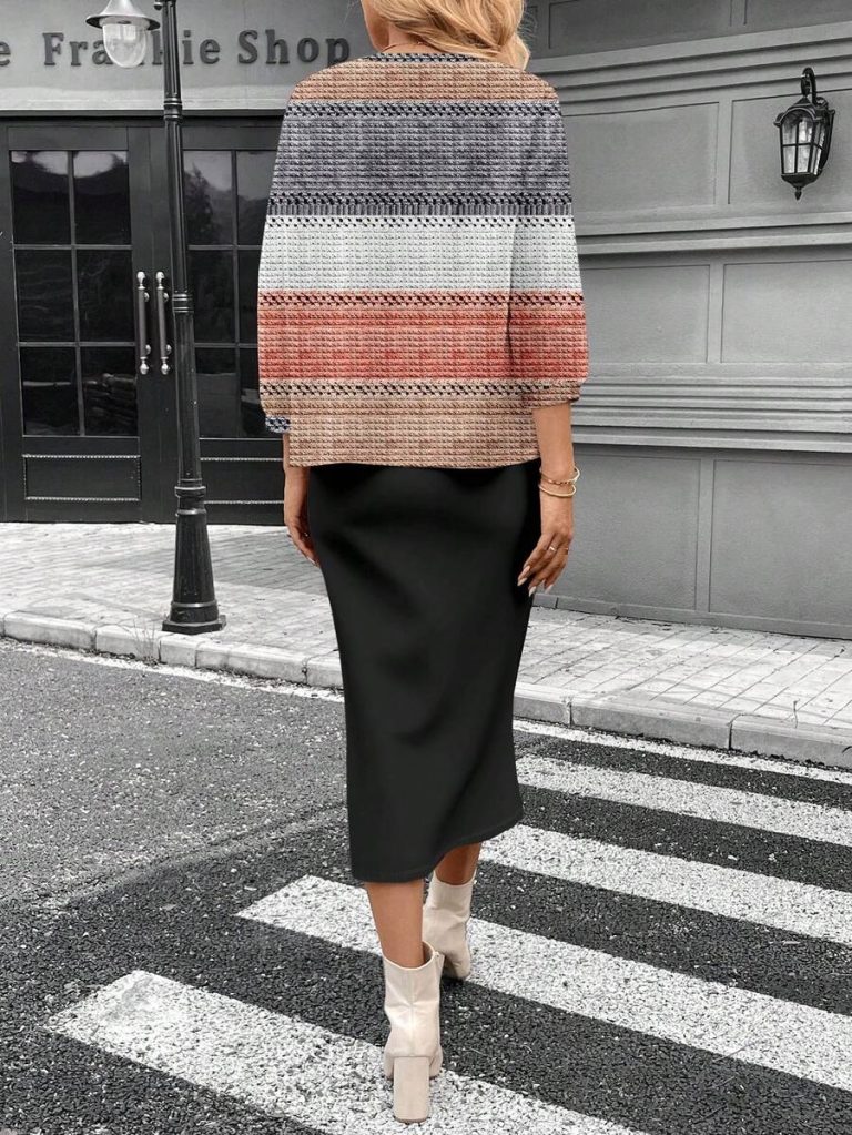 SHEIN LUNE 2pcs Women Casual Striped Round Neck 3/4 Sleeve Top And Pencil Midi Skirt Set, Suitable For Autumn/Winter Brown Two Piece Set Women Striped Two Piece Set - Image 28