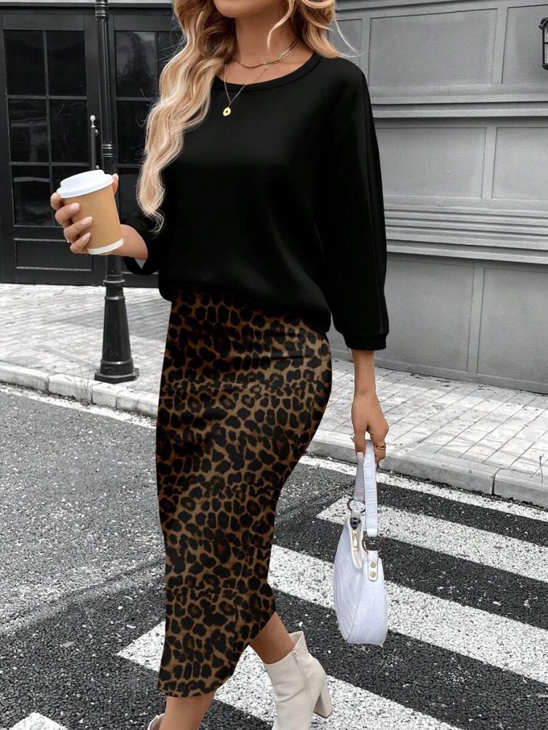 SHEIN LUNE 2pcs Women Casual Striped Round Neck 3/4 Sleeve Top And Pencil Midi Skirt Set, Suitable For Autumn/Winter Brown Two Piece Set Women Striped Two Piece Set - Image 31