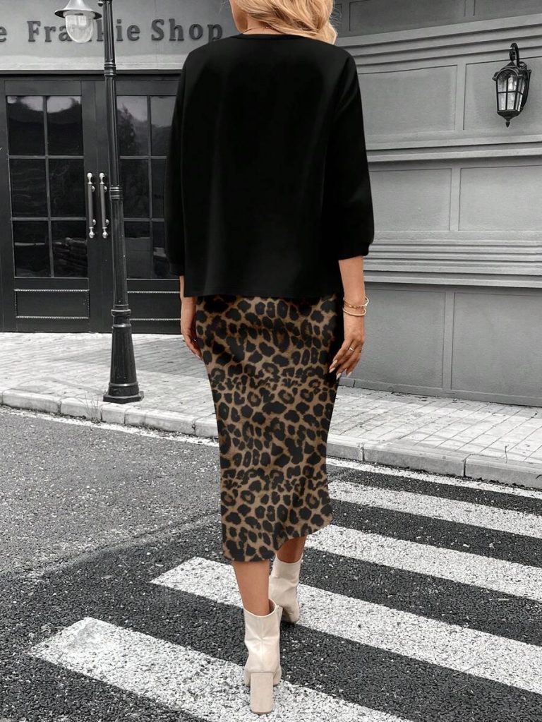 SHEIN LUNE 2pcs Women Casual Striped Round Neck 3/4 Sleeve Top And Pencil Midi Skirt Set, Suitable For Autumn/Winter Brown Two Piece Set Women Striped Two Piece Set - Image 32