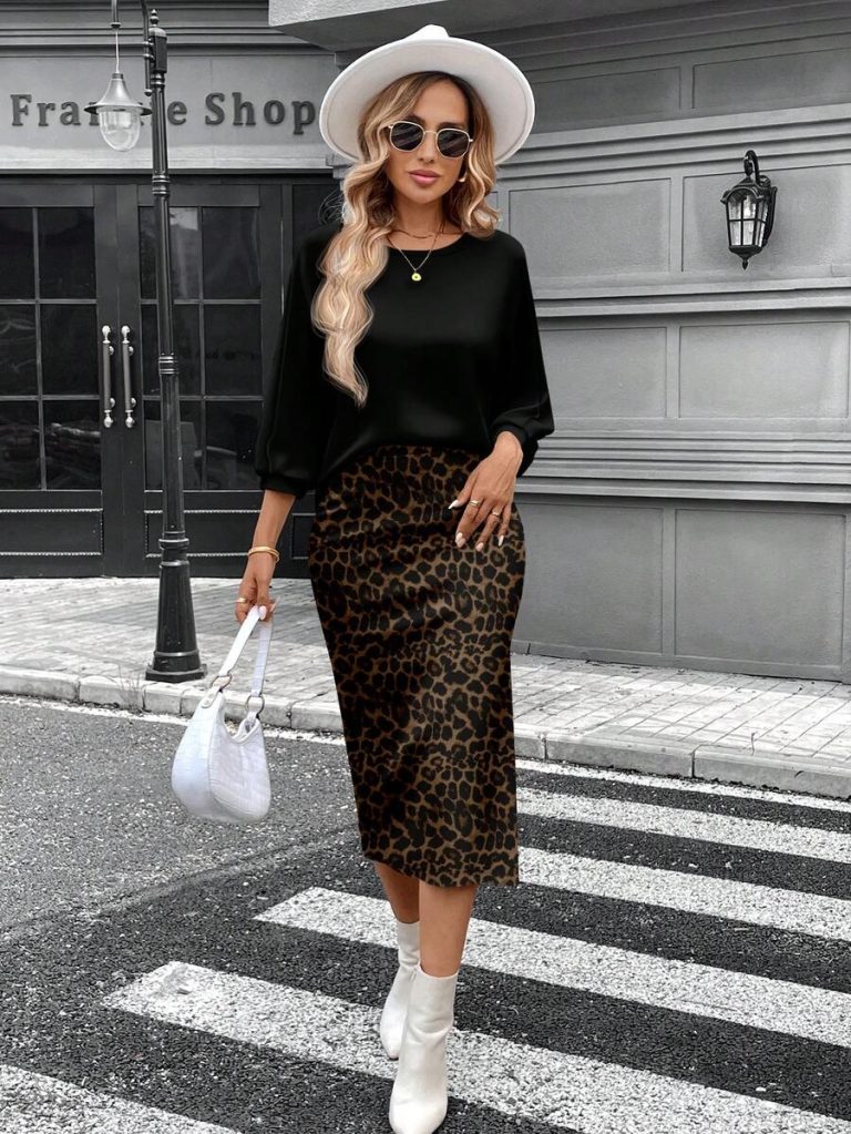 SHEIN LUNE 2pcs Women Casual Striped Round Neck 3/4 Sleeve Top And Pencil Midi Skirt Set, Suitable For Autumn/Winter Brown Two Piece Set Women Striped Two Piece Set - Image 33