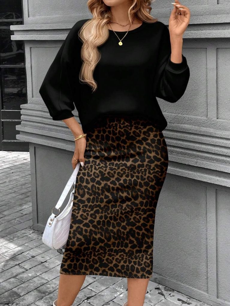 SHEIN LUNE 2pcs Women Casual Striped Round Neck 3/4 Sleeve Top And Pencil Midi Skirt Set, Suitable For Autumn/Winter Brown Two Piece Set Women Striped Two Piece Set - Image 36