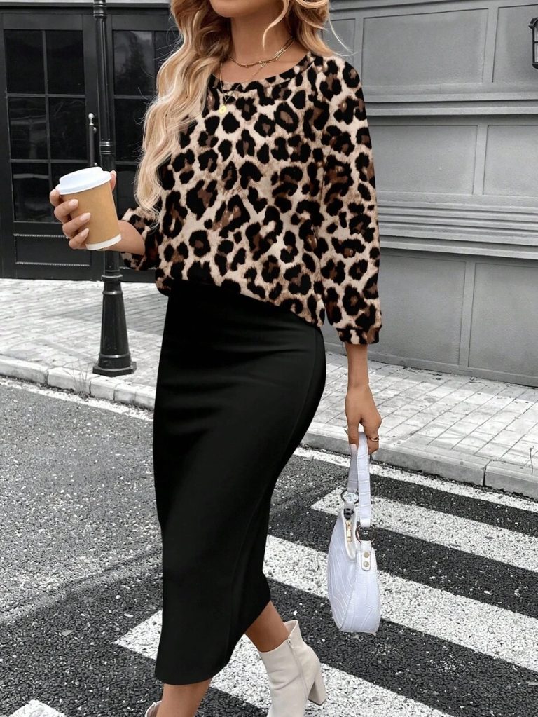 SHEIN LUNE 2pcs Women Casual Striped Round Neck 3/4 Sleeve Top And Pencil Midi Skirt Set, Suitable For Autumn/Winter Brown Two Piece Set Women Striped Two Piece Set - Image 37