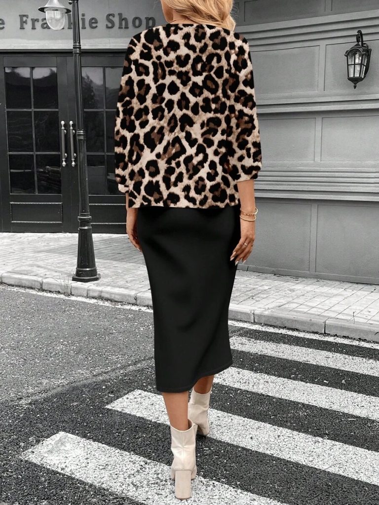 SHEIN LUNE 2pcs Women Casual Striped Round Neck 3/4 Sleeve Top And Pencil Midi Skirt Set, Suitable For Autumn/Winter Brown Two Piece Set Women Striped Two Piece Set - Image 38