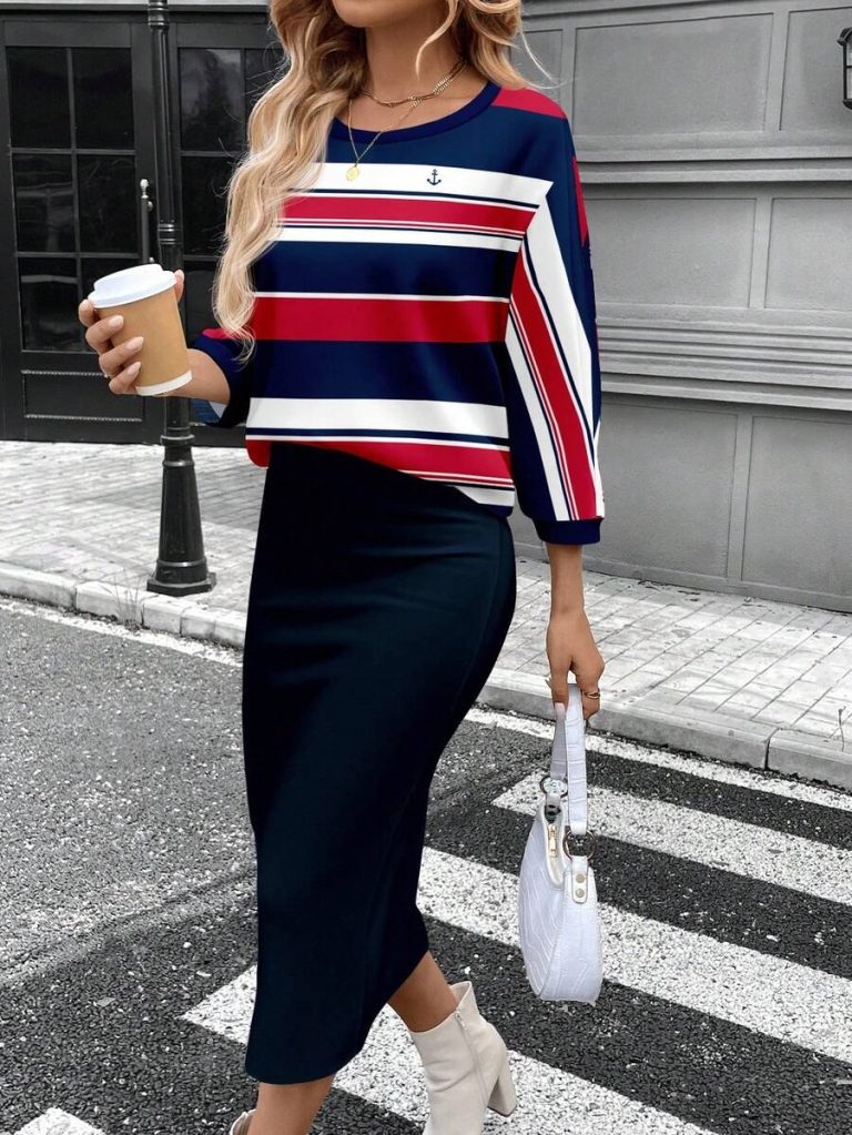 SHEIN LUNE 2pcs Women Casual Striped Round Neck 3/4 Sleeve Top And Pencil Midi Skirt Set, Suitable For Autumn/Winter Brown Two Piece Set Women Striped Two Piece Set - Image 43