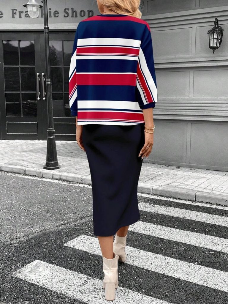 SHEIN LUNE 2pcs Women Casual Striped Round Neck 3/4 Sleeve Top And Pencil Midi Skirt Set, Suitable For Autumn/Winter Brown Two Piece Set Women Striped Two Piece Set - Image 44