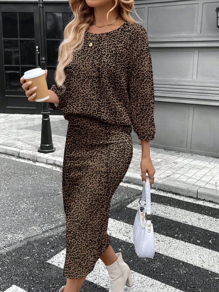 SHEIN LUNE 2pcs Women Casual Striped Round Neck 3/4 Sleeve Top And Pencil Midi Skirt Set, Suitable For Autumn/Winter Brown Two Piece Set Women Striped Two Piece Set - Image 49