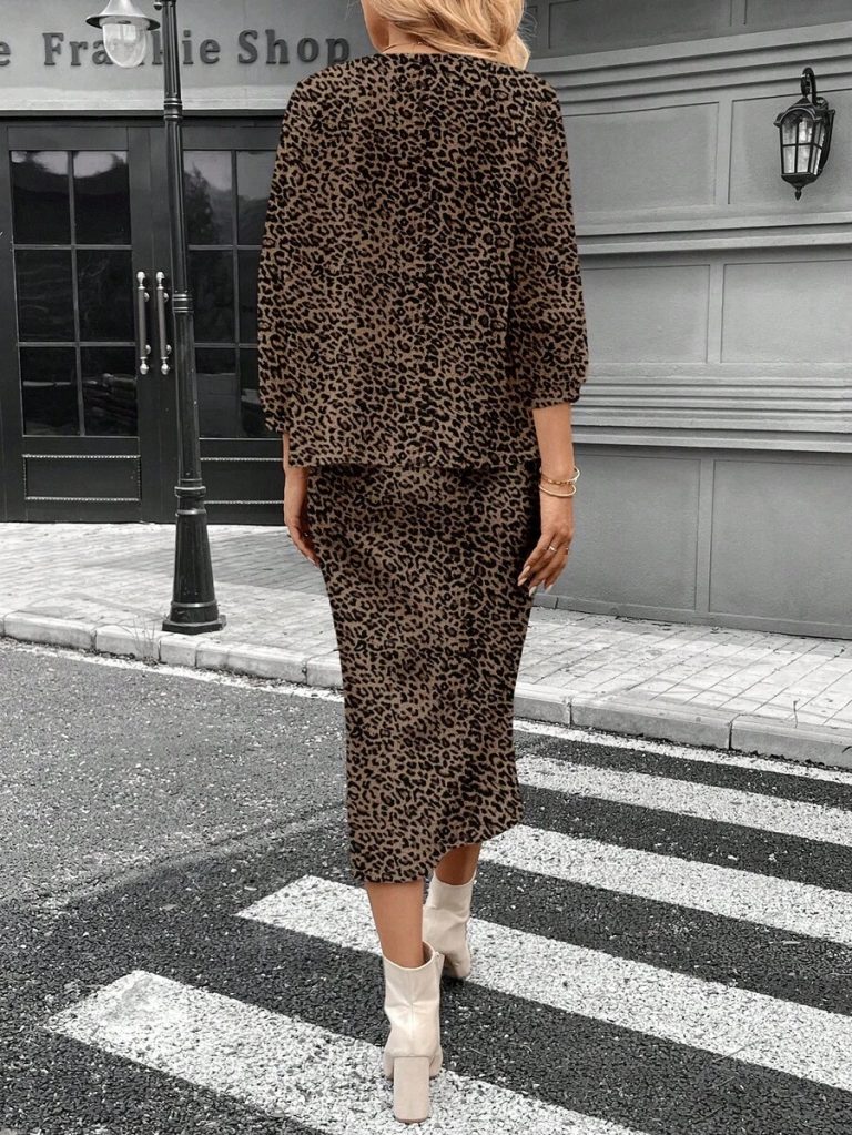 SHEIN LUNE 2pcs Women Casual Striped Round Neck 3/4 Sleeve Top And Pencil Midi Skirt Set, Suitable For Autumn/Winter Brown Two Piece Set Women Striped Two Piece Set - Image 50