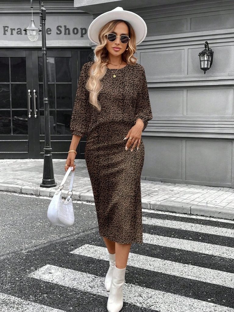 SHEIN LUNE 2pcs Women Casual Striped Round Neck 3/4 Sleeve Top And Pencil Midi Skirt Set, Suitable For Autumn/Winter Brown Two Piece Set Women Striped Two Piece Set - Image 53
