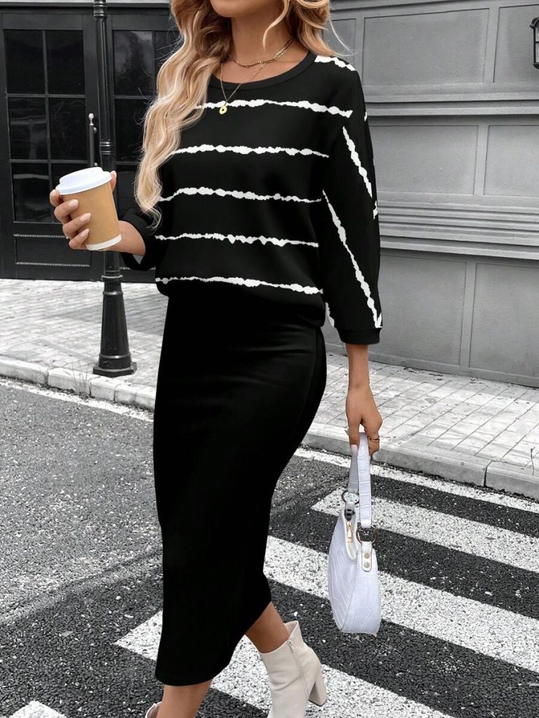 SHEIN LUNE 2pcs Women Casual Striped Round Neck 3/4 Sleeve Top And Pencil Midi Skirt Set, Suitable For Autumn/Winter Brown Two Piece Set Women Striped Two Piece Set - Image 55