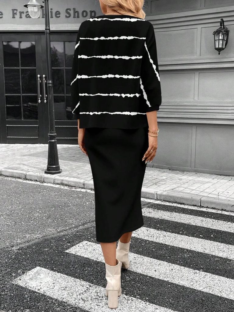 SHEIN LUNE 2pcs Women Casual Striped Round Neck 3/4 Sleeve Top And Pencil Midi Skirt Set, Suitable For Autumn/Winter Brown Two Piece Set Women Striped Two Piece Set - Image 56