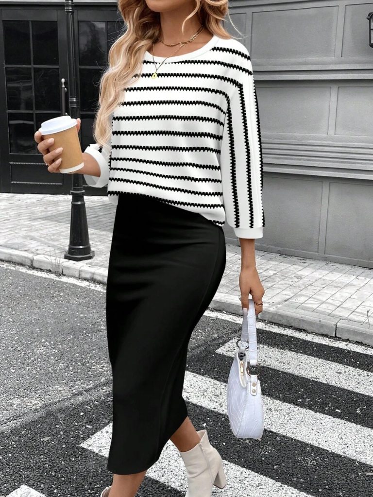 SHEIN LUNE 2pcs Women Casual Striped Round Neck 3/4 Sleeve Top And Pencil Midi Skirt Set, Suitable For Autumn/Winter Brown Two Piece Set Women Striped Two Piece Set - Image 62
