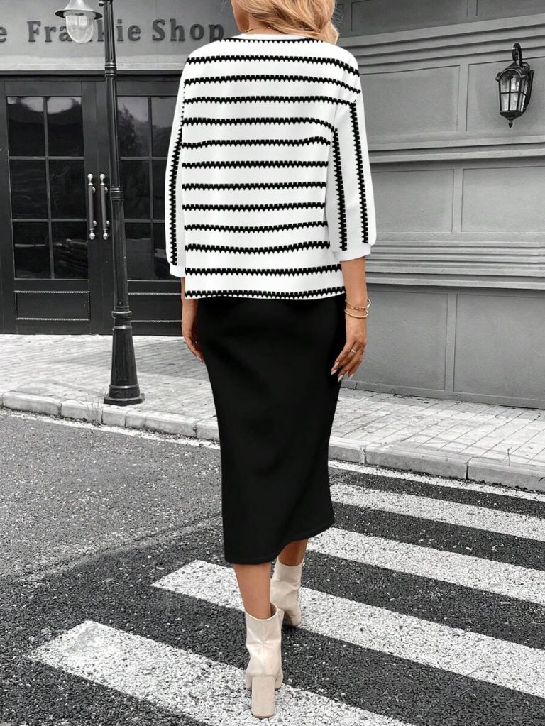 SHEIN LUNE 2pcs Women Casual Striped Round Neck 3/4 Sleeve Top And Pencil Midi Skirt Set, Suitable For Autumn/Winter Brown Two Piece Set Women Striped Two Piece Set - Image 63