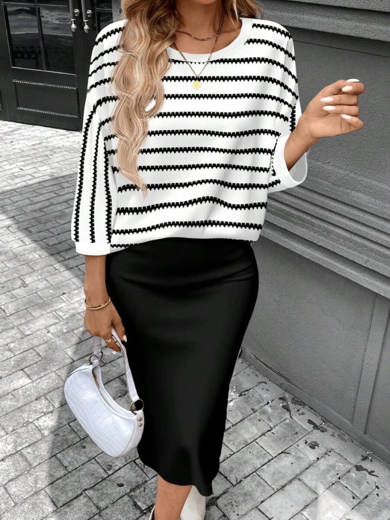 SHEIN LUNE 2pcs Women Casual Striped Round Neck 3/4 Sleeve Top And Pencil Midi Skirt Set, Suitable For Autumn/Winter Brown Two Piece Set Women Striped Two Piece Set - Image 66