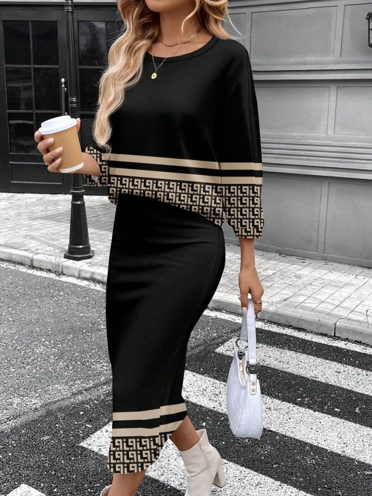 SHEIN LUNE 2pcs Women Casual Striped Round Neck 3/4 Sleeve Top And Pencil Midi Skirt Set, Suitable For Autumn/Winter Brown Two Piece Set Women Striped Two Piece Set - Image 68