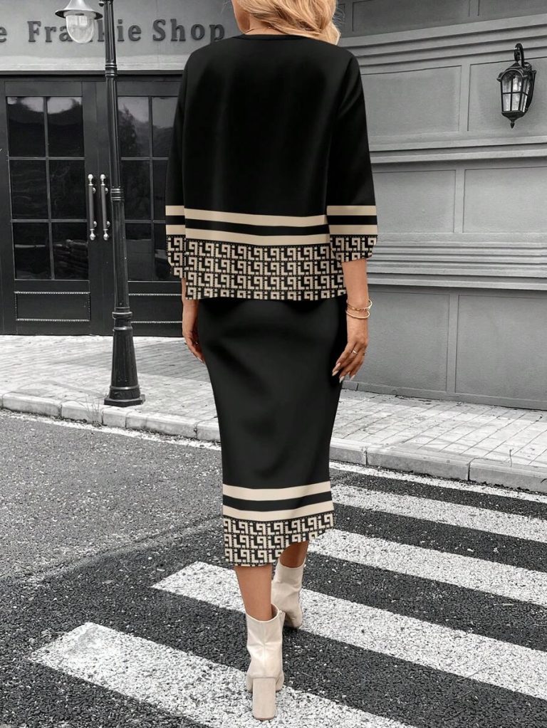SHEIN LUNE 2pcs Women Casual Striped Round Neck 3/4 Sleeve Top And Pencil Midi Skirt Set, Suitable For Autumn/Winter Brown Two Piece Set Women Striped Two Piece Set - Image 69