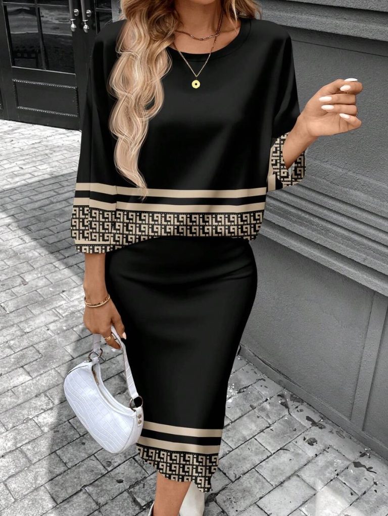 SHEIN LUNE 2pcs Women Casual Striped Round Neck 3/4 Sleeve Top And Pencil Midi Skirt Set, Suitable For Autumn/Winter Brown Two Piece Set Women Striped Two Piece Set - Image 73