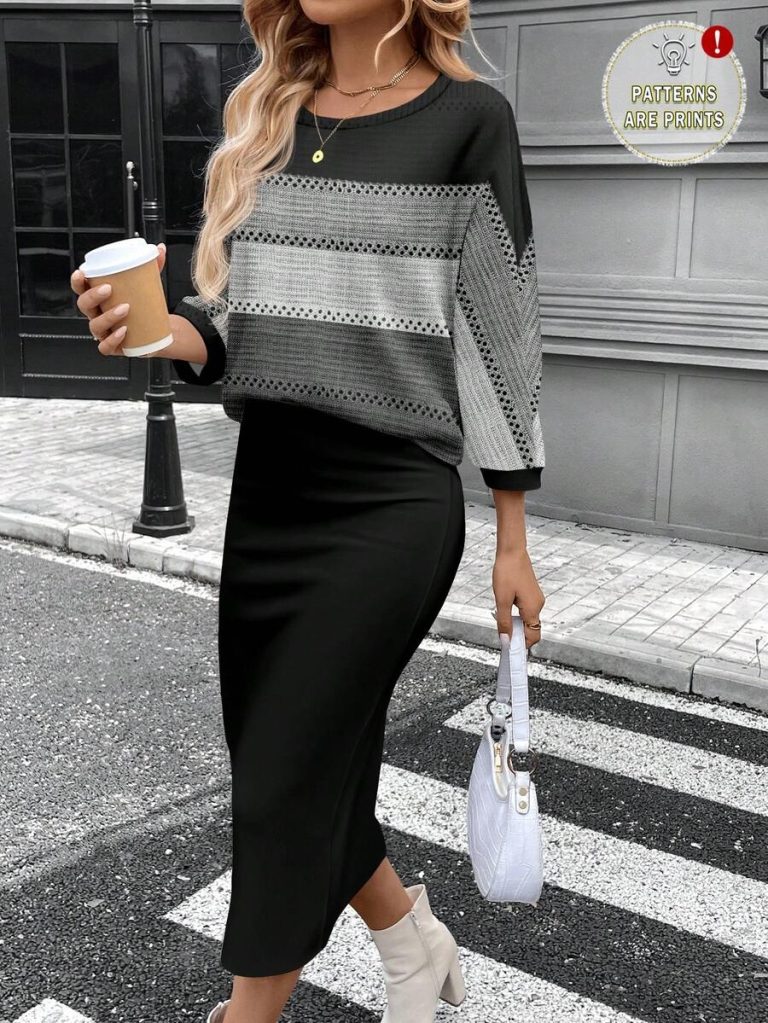 SHEIN LUNE 2pcs Women Casual Striped Round Neck 3/4 Sleeve Top And Pencil Midi Skirt Set, Suitable For Autumn/Winter Brown Two Piece Set Women Striped Two Piece Set - Image 74