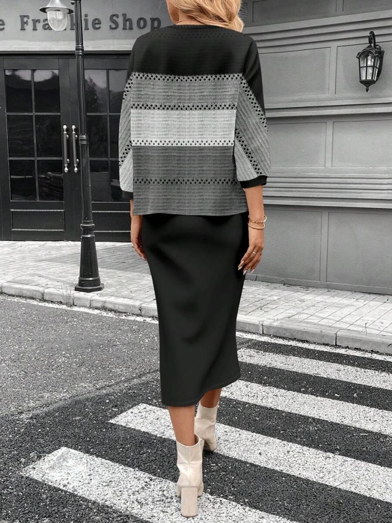 SHEIN LUNE 2pcs Women Casual Striped Round Neck 3/4 Sleeve Top And Pencil Midi Skirt Set, Suitable For Autumn/Winter Brown Two Piece Set Women Striped Two Piece Set - Image 75