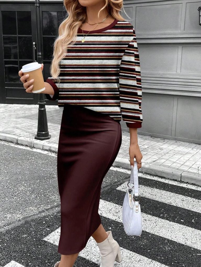 SHEIN LUNE 2pcs Women Casual Striped Round Neck 3/4 Sleeve Top And Pencil Midi Skirt Set, Suitable For Autumn/Winter Brown Two Piece Set Women Striped Two Piece Set - Image 80