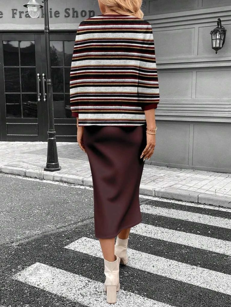 SHEIN LUNE 2pcs Women Casual Striped Round Neck 3/4 Sleeve Top And Pencil Midi Skirt Set, Suitable For Autumn/Winter Brown Two Piece Set Women Striped Two Piece Set - Image 81