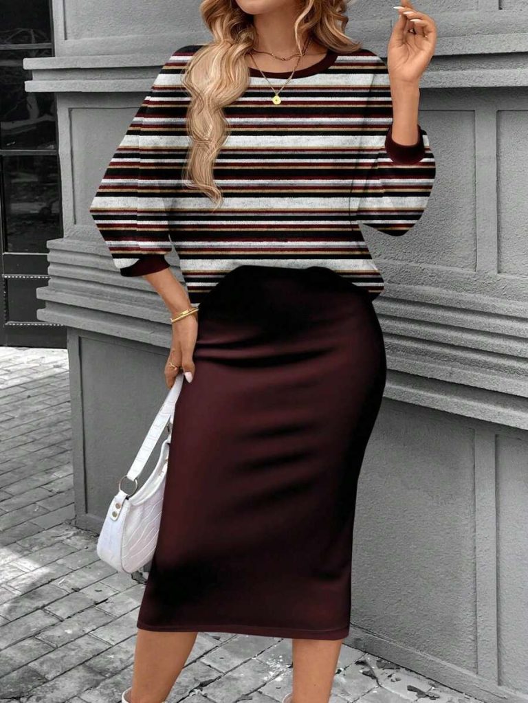 SHEIN LUNE 2pcs Women Casual Striped Round Neck 3/4 Sleeve Top And Pencil Midi Skirt Set, Suitable For Autumn/Winter Brown Two Piece Set Women Striped Two Piece Set - Image 83