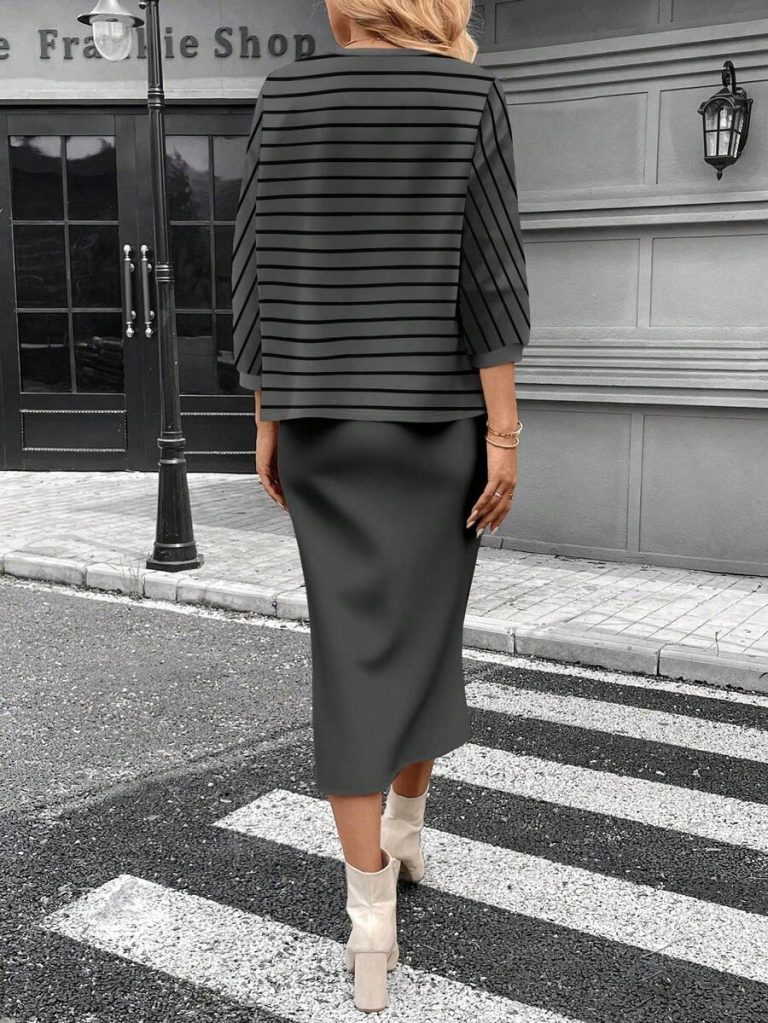 SHEIN LUNE 2pcs Women Casual Striped Round Neck 3/4 Sleeve Top And Pencil Midi Skirt Set, Suitable For Autumn/Winter Brown Two Piece Set Women Striped Two Piece Set - Image 85