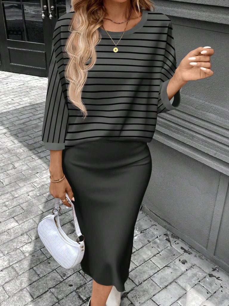 SHEIN LUNE 2pcs Women Casual Striped Round Neck 3/4 Sleeve Top And Pencil Midi Skirt Set, Suitable For Autumn/Winter Brown Two Piece Set Women Striped Two Piece Set - Image 91