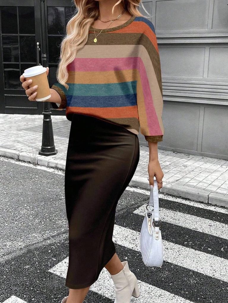 SHEIN LUNE 2pcs Women Casual Striped Round Neck 3/4 Sleeve Top And Pencil Midi Skirt Set, Suitable For Autumn/Winter Brown Two Piece Set Women Striped Two Piece Set - Image 92