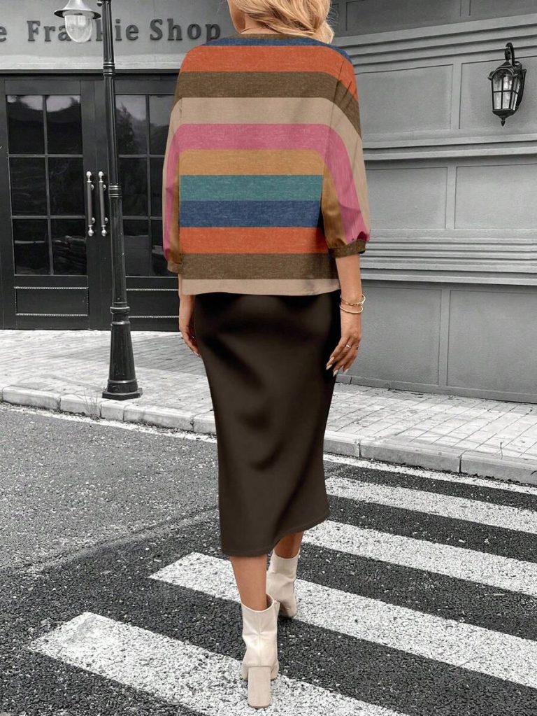 SHEIN LUNE 2pcs Women Casual Striped Round Neck 3/4 Sleeve Top And Pencil Midi Skirt Set, Suitable For Autumn/Winter Brown Two Piece Set Women Striped Two Piece Set - Image 93