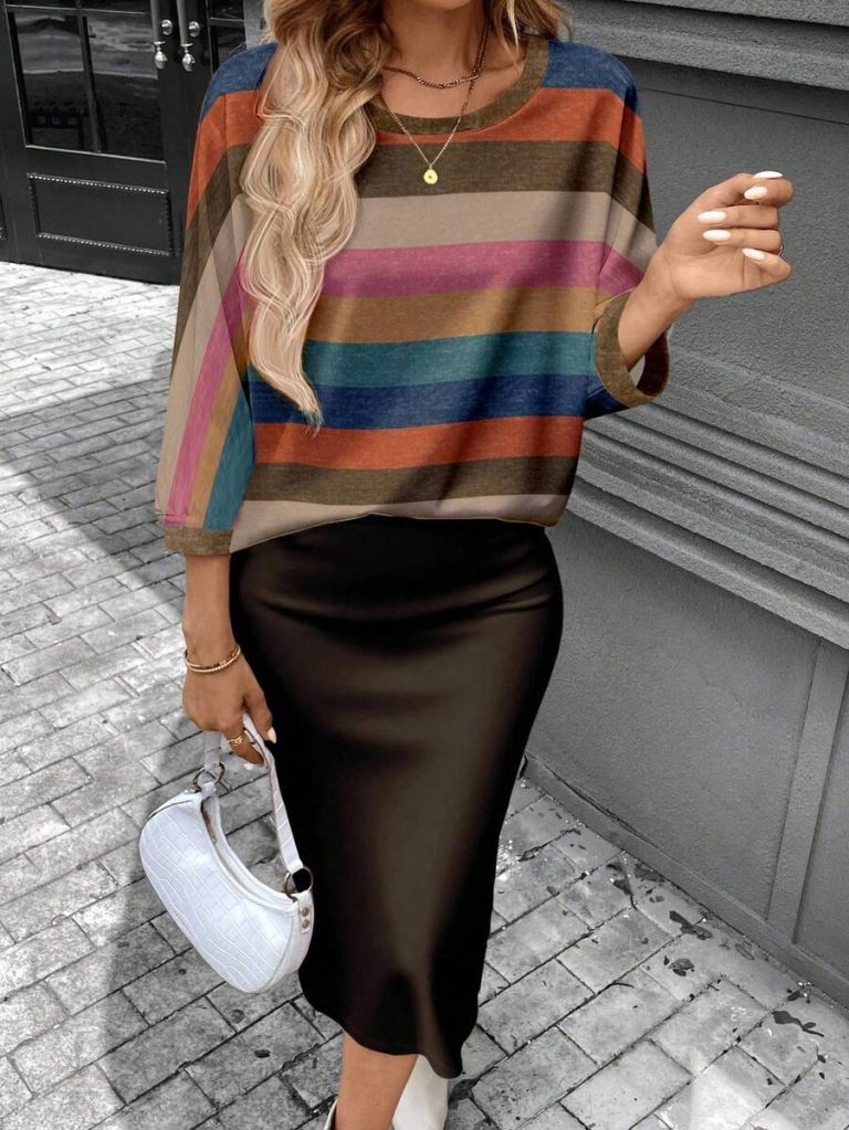 SHEIN LUNE 2pcs Women Casual Striped Round Neck 3/4 Sleeve Top And Pencil Midi Skirt Set, Suitable For Autumn/Winter Brown Two Piece Set Women Striped Two Piece Set - Image 94