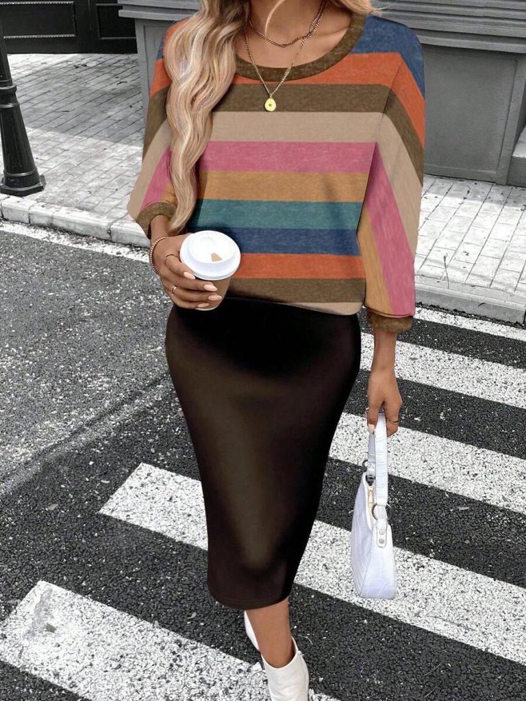 SHEIN LUNE 2pcs Women Casual Striped Round Neck 3/4 Sleeve Top And Pencil Midi Skirt Set, Suitable For Autumn/Winter Brown Two Piece Set Women Striped Two Piece Set - Image 96