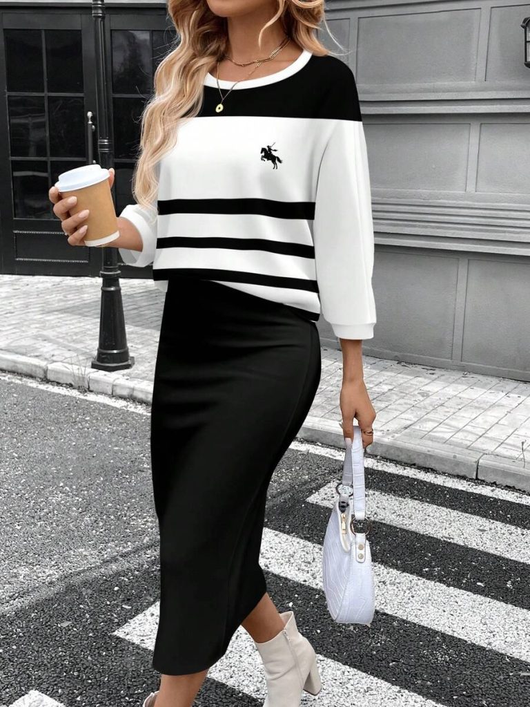SHEIN LUNE 2pcs Women Casual Striped Round Neck 3/4 Sleeve Top And Pencil Midi Skirt Set, Suitable For Autumn/Winter Brown Two Piece Set Women Striped Two Piece Set - Image 98