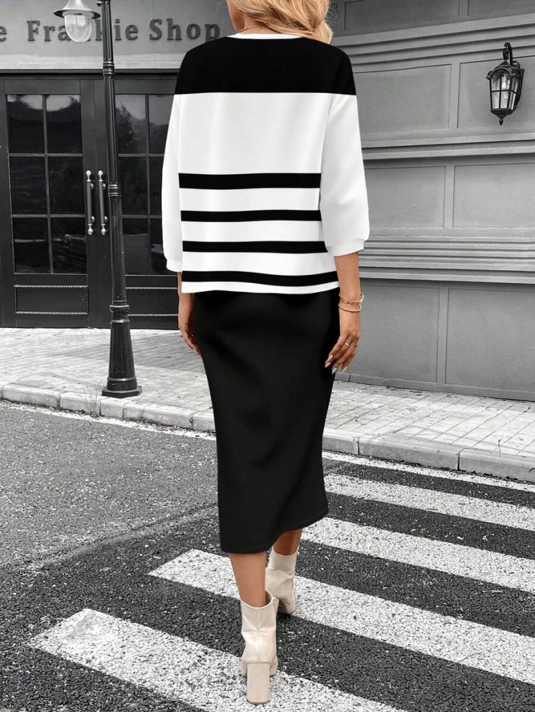SHEIN LUNE 2pcs Women Casual Striped Round Neck 3/4 Sleeve Top And Pencil Midi Skirt Set, Suitable For Autumn/Winter Brown Two Piece Set Women Striped Two Piece Set - Image 99