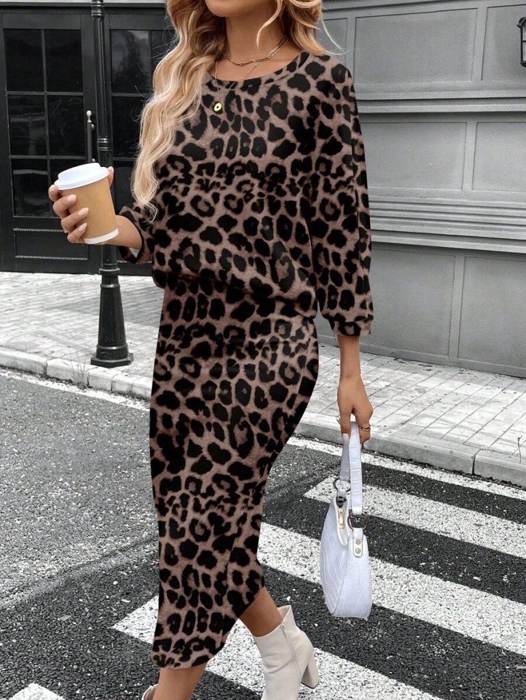 SHEIN LUNE 2pcs Women Casual Striped Round Neck 3/4 Sleeve Top And Pencil Midi Skirt Set, Suitable For Autumn/Winter Brown Two Piece Set Women Striped Two Piece Set - Image 104