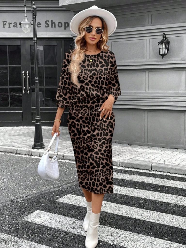 SHEIN LUNE 2pcs Women Casual Striped Round Neck 3/4 Sleeve Top And Pencil Midi Skirt Set, Suitable For Autumn/Winter Brown Two Piece Set Women Striped Two Piece Set - Image 108