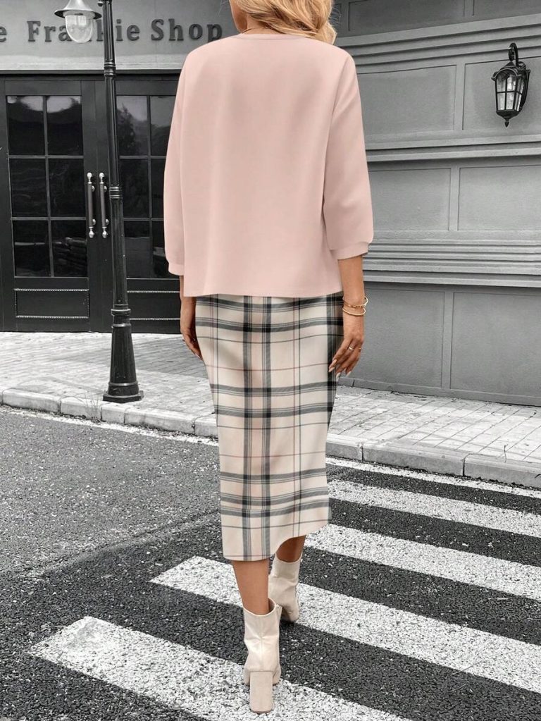 SHEIN LUNE 2pcs Women Casual Striped Round Neck 3/4 Sleeve Top And Pencil Midi Skirt Set, Suitable For Autumn/Winter Brown Two Piece Set Women Striped Two Piece Set - Image 111