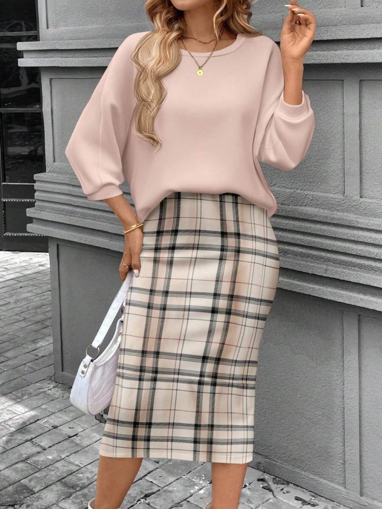SHEIN LUNE 2pcs Women Casual Striped Round Neck 3/4 Sleeve Top And Pencil Midi Skirt Set, Suitable For Autumn/Winter Brown Two Piece Set Women Striped Two Piece Set - Image 114