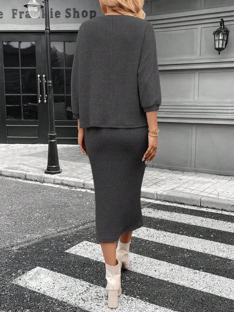 SHEIN LUNE 2pcs Women Casual Striped Round Neck 3/4 Sleeve Top And Pencil Midi Skirt Set, Suitable For Autumn/Winter Brown Two Piece Set Women Striped Two Piece Set - Image 117