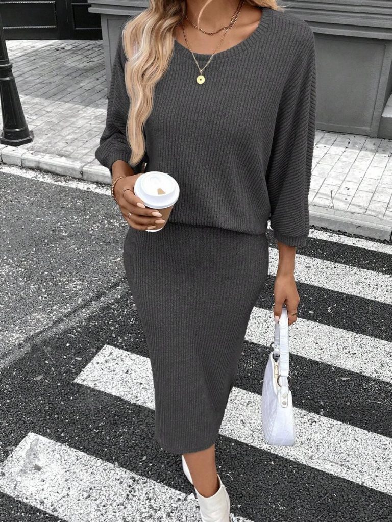SHEIN LUNE 2pcs Women Casual Striped Round Neck 3/4 Sleeve Top And Pencil Midi Skirt Set, Suitable For Autumn/Winter Brown Two Piece Set Women Striped Two Piece Set - Image 118