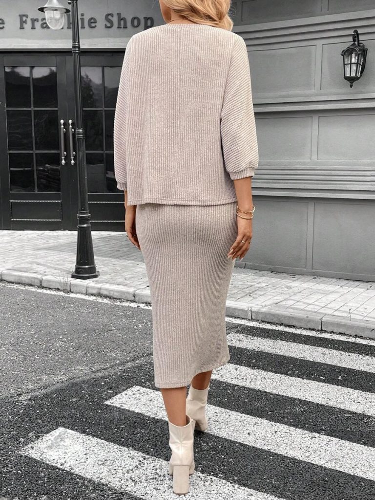 SHEIN LUNE 2pcs Women Casual Striped Round Neck 3/4 Sleeve Top And Pencil Midi Skirt Set, Suitable For Autumn/Winter Brown Two Piece Set Women Striped Two Piece Set - Image 123
